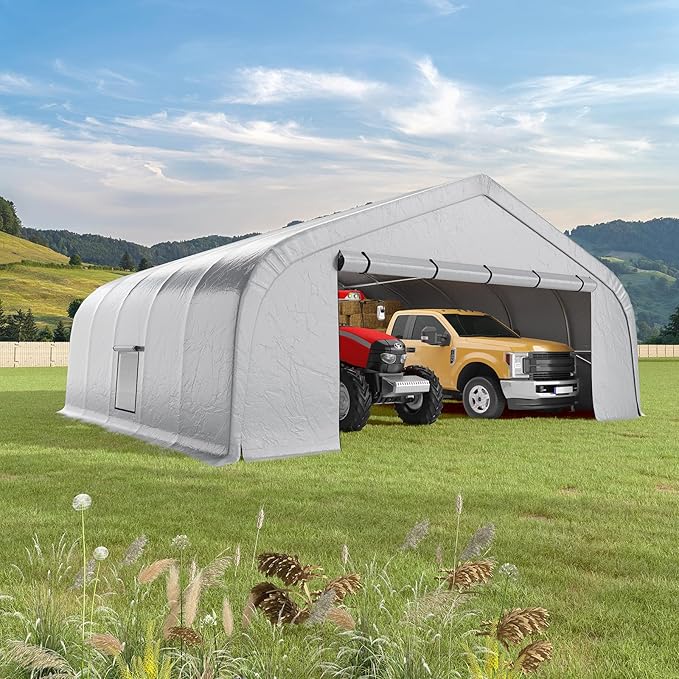 EROMMY 20x20 FT Heavy Duty Durable Carport, Galvanized Steel Frame Garage Shelter and Outdoor Storage, Waterproof 3-Layer PE Cover, Fits 2 Cars, Boat, Farm Equipment, Silver Gray