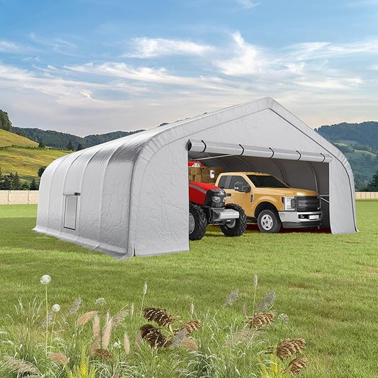 EROMMY 20x20 FT Heavy Duty Durable Carport, Galvanized Steel Frame Garage Shelter and Outdoor Storage, Waterproof 3-Layer PE Cover, Fits 2 Cars, Boat, Farm Equipment, Silver Gray