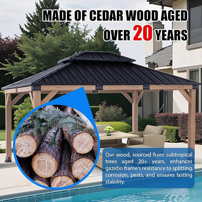 CHARMELEON 12x14 Cedar Wood Gazebo,Heavy Duty Patio Gazebo with Metal Roof,Permanent Hardtop Gazebos Pavilion with Mosquito Netting and Curtains for Backyard,Outdoor,Deck,Garden,Porch