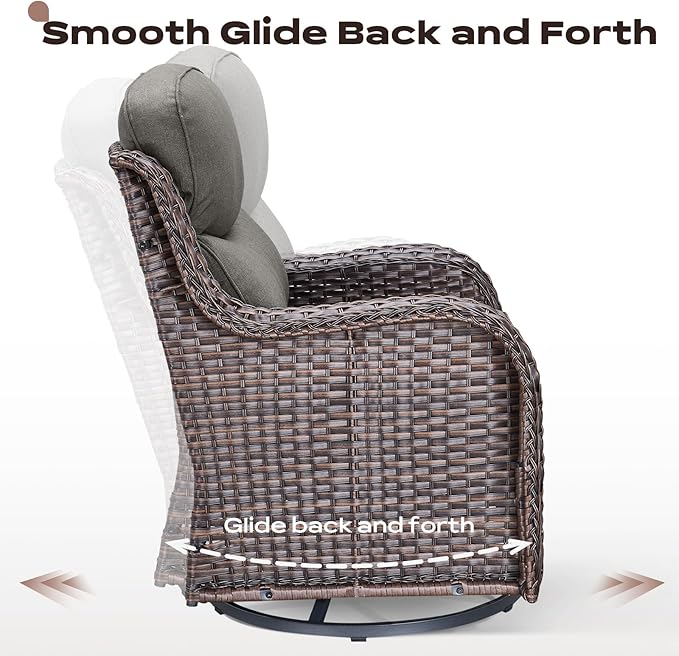 Wicker Outdoor Patio Furniture Set - 5 Piece Patio Conversation Sets with Swivel Rocker Chairs, Ottomans and Sofa, 6 inch Cushions, Waterproof Wicker, for Porch Deck Brown/Grey