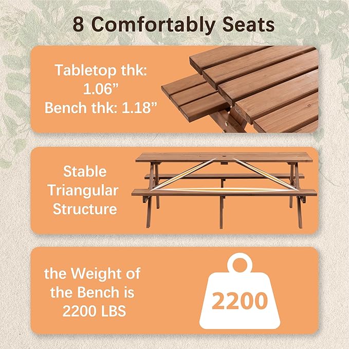 Picnic Table with Bench for 6-8 Person Outdoor Wooden Rectangle Table for Backyard, Porch, Patio, Deck w/Umbrella Hole -Brown