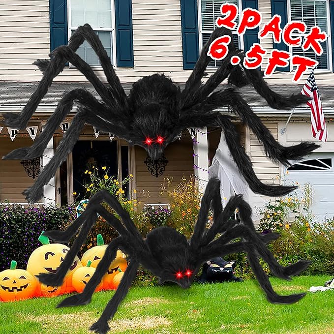2PCS/6.5FT/78IN/200CM Halloween Giant Spiders Set: Acina Fake Large Hairy Spider Decorations, Scary Virtual Realistic Spider Props for Indoor Outdoor Creepy Decor Black
