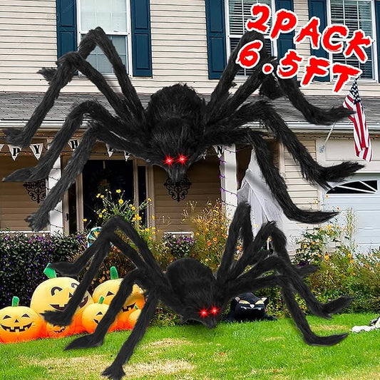 2PCS/6.5FT/78IN/200CM Halloween Giant Spiders Set: Acina Fake Large Hairy Spider Decorations, Scary Virtual Realistic Spider Props for Indoor Outdoor Creepy Decor Black