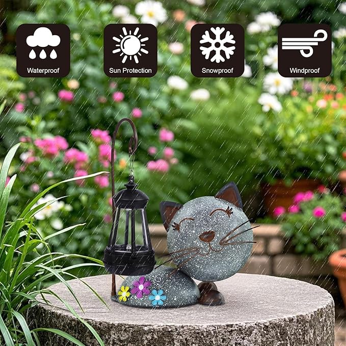 Glintoper Solar Garden Statue Cat Figurine with Lantern, Outdoor Metal Kitten Whimsical Lawn Porch Yard Art, Mothers Day Ideal Gifts, Lighted Ornaments for Patio Pathway Yard Decoration