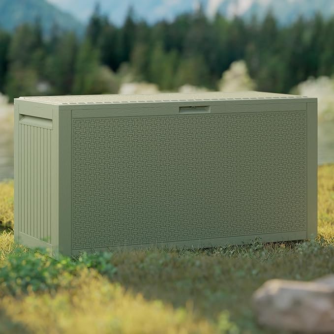 90 Gallon Outdoor Storage Box, Lockable Outside Storage Box Waterproof, Patio Cushions Deck Storage Boxes, Rattan Plastic Garden Hose Containers Resin Pool Storage Bins with lids, Sage Green