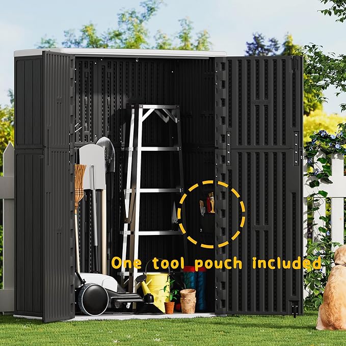 Vertical Outdoor Storage Cabinets, Plastic Sheds&Outdoor Storage with Floor,Outdoor Storage Box Waterproof/Lockable for Garage,Bike,Tools Storage Shed (57Cu.ft-Black White)