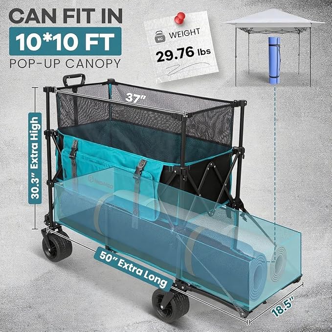 FUNDANGO Double Decker Wagon – 660L Extra High Extender Collapsible Wagons Carts Foldable Heavy Duty with Tailgate, Brakes & All-Terrain Big Wheels for Sports, Camping, Grocery Shopping, Blue