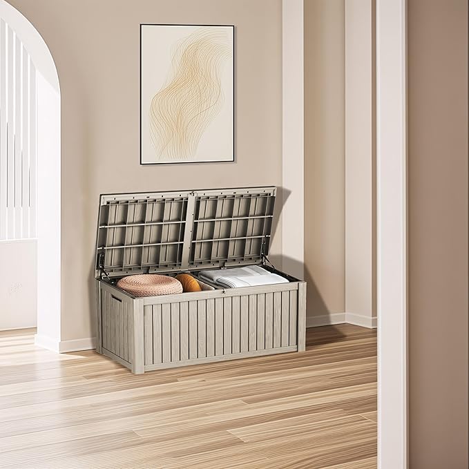 200 Gallon Coffee Resin Deck Box - Rustic Wood-Look, Waterproof & Lockable Outdoor Storage for Garden Tools, Patio Essentials - All-Weather Container for Farmhouse Decks, Backyards