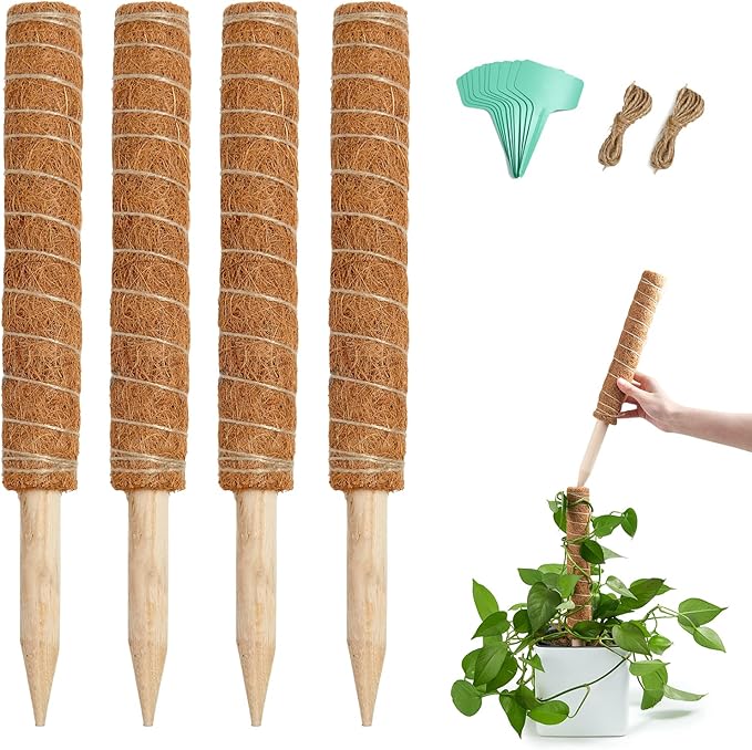 Joyhalo 48.7 Inch Moss Pole Monstera Plant Support, 4 Pcs 15.7 Inch Stackable Moss Poles, Plant Stakes for Indoor Plants with Jute Rope & Name Label