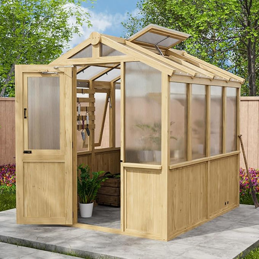 EAGLE PEAK 6.7x7.8x7.7 ft Wood and Polycarbonate Walk-in Greenhouse, Cedar Hobby Green House with Roof Vent, Natural
