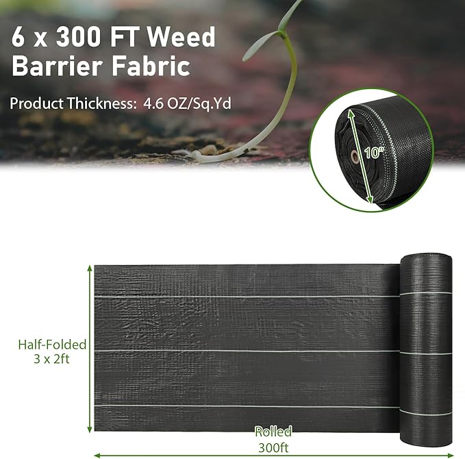 6FT x 300FT Weed Barrier Fabric, 4.6oz Landscape Fabric Heavy Duty Weed Barrier, High Permeability Ground Cover Geotextile Fabric Weed Cloth for Garden, Farm & Driveway