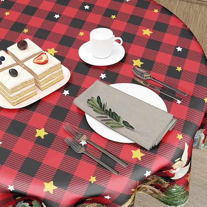 Giwawa Xmas Round Tablecloth 60 Inch, Farmhouse Vintage Red Buffalo Plaid Reusable Washable Polyester Table Cover for Party Picnic Dinner Indoor Outdoor Winter Holiday Decor