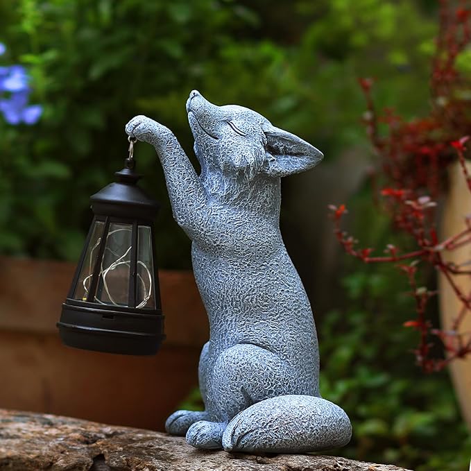 Fox Statue for Garden Decor, Garden Statue with Solar Power Light for Outdoor Patio Porch Lawn Yard Backyard Oudside Indoor Shelf Decoration,Praying Fox Sculptures Decorations to Wow Your Guests