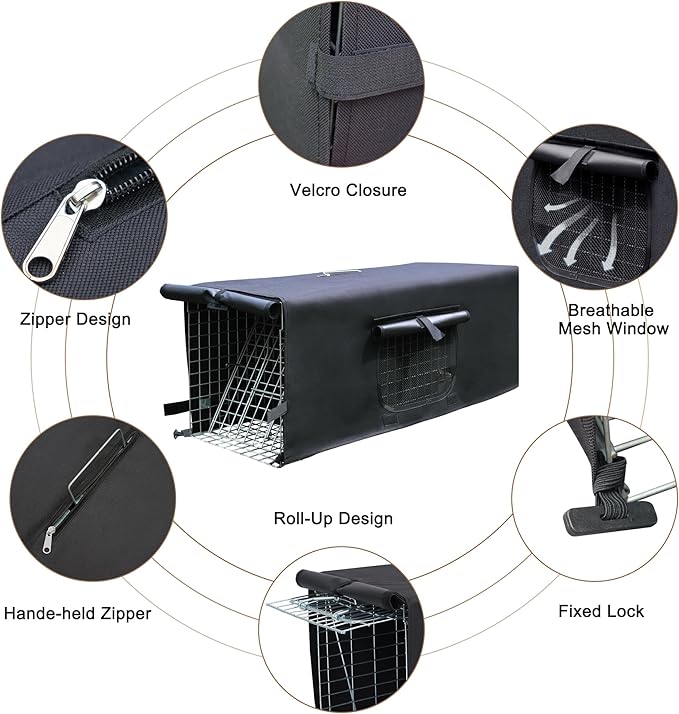 Live Animal Trap Cage Cover with Window, Large Feral Cat Trap Covers for 1-Door Humane Animal Rescue Cage 32" x 10" x 12" - (Black)