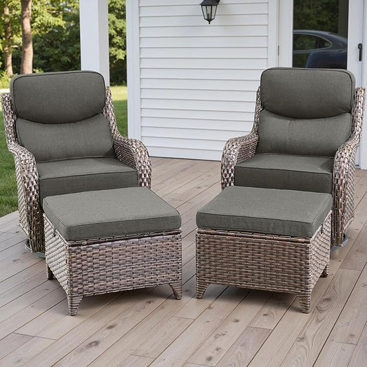Wicker Outdoor Patio Furniture Set - 4 Piece Patio Conversation Set with Swivel Rocker Chairs and Ottomans, 6 inch Cushions, High Back, Deep Seating, for Porch Deck Garden Brown/Grey