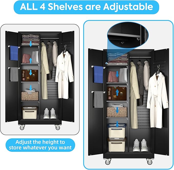 Broom Closet Storage Cabinet with Wheels and Pegboard,Garage Storage Cabinet with Lockable and Magnetic Doors,Adjustable Shelves for Garage Home Office,Required Assembly,17.7"D*33.5"W*70.87"H