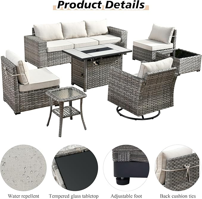 HOOOWOOO 9 Piece Modular Patio Outdoor Sectional Furniture Set with Large Propane Fire Pit Table,Wicker Conversation Sofa Set with Swivel Chairs,Outside Couch Set(Beige)