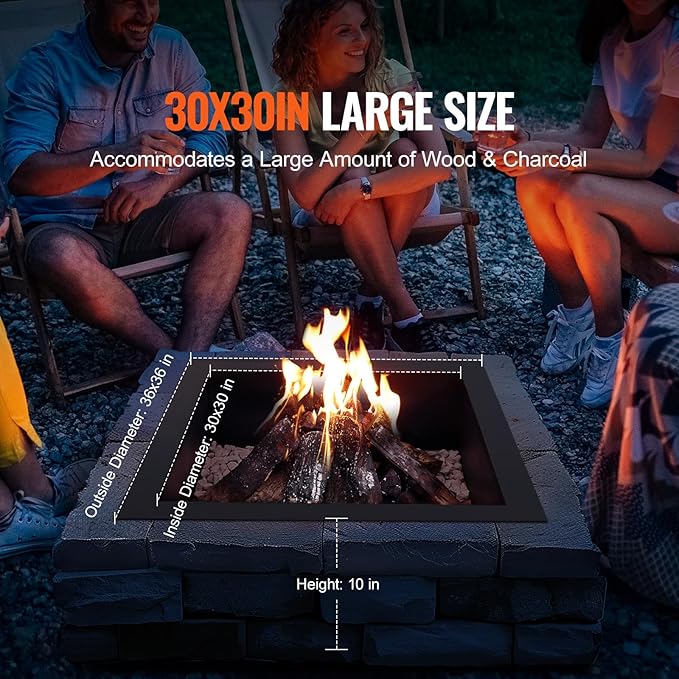 VEVOR Fire Pit Ring, 36x36 in Outer/30x30 in Inner Diameter, 10inch Height Square Fire Pit Insert, Heavy Duty Carbon Steel Liner DIY Campfire Ring Above or In-Ground, for Outdoor Camping, Bonfires