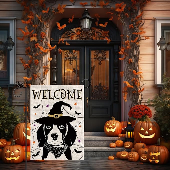 Halloween Garden Flag Beagle Cobweb Bats Double Sided Vertical Welcome Flag Seasonal Holiday Outdoor Yard Lawn Party Decorations 12.5 x 18 Inch
