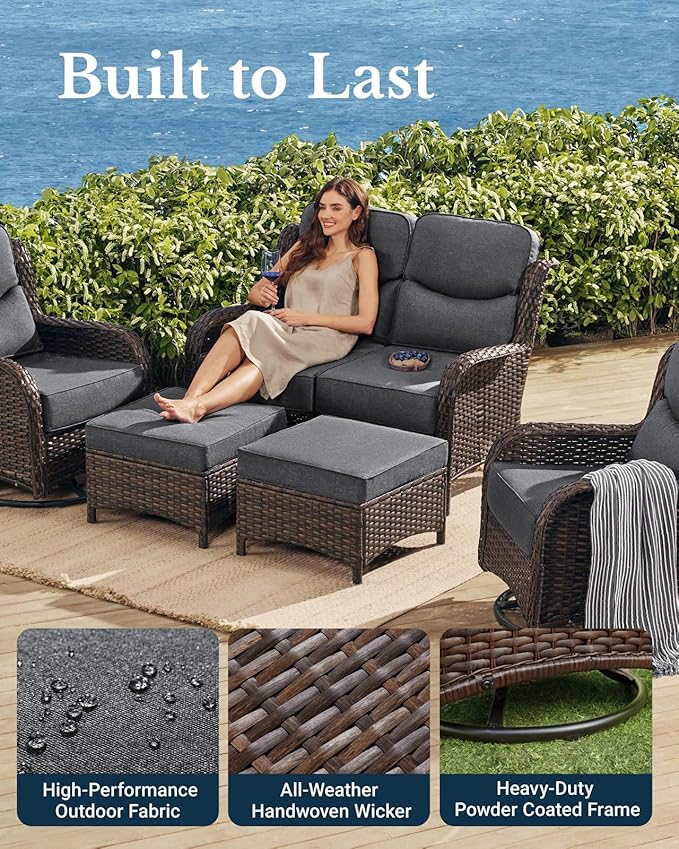 HILLGA Luxury Patio Furniture Set with 6-inch Thick Cushion, Outdoor Loveseat and High Back Swivel Rocker Patio Chairs, 6PCS Wicker Conversation Set for Deck Yard and Poolside, Dark Grey (V2)
