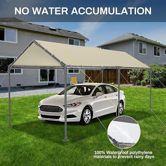 Grezone 10 x 20ft Heavy Duty Carport,Portable Car Tent Garage,All Season UV Resistant Car Canopy for Auto,Truck,Boat,Car (Beige)