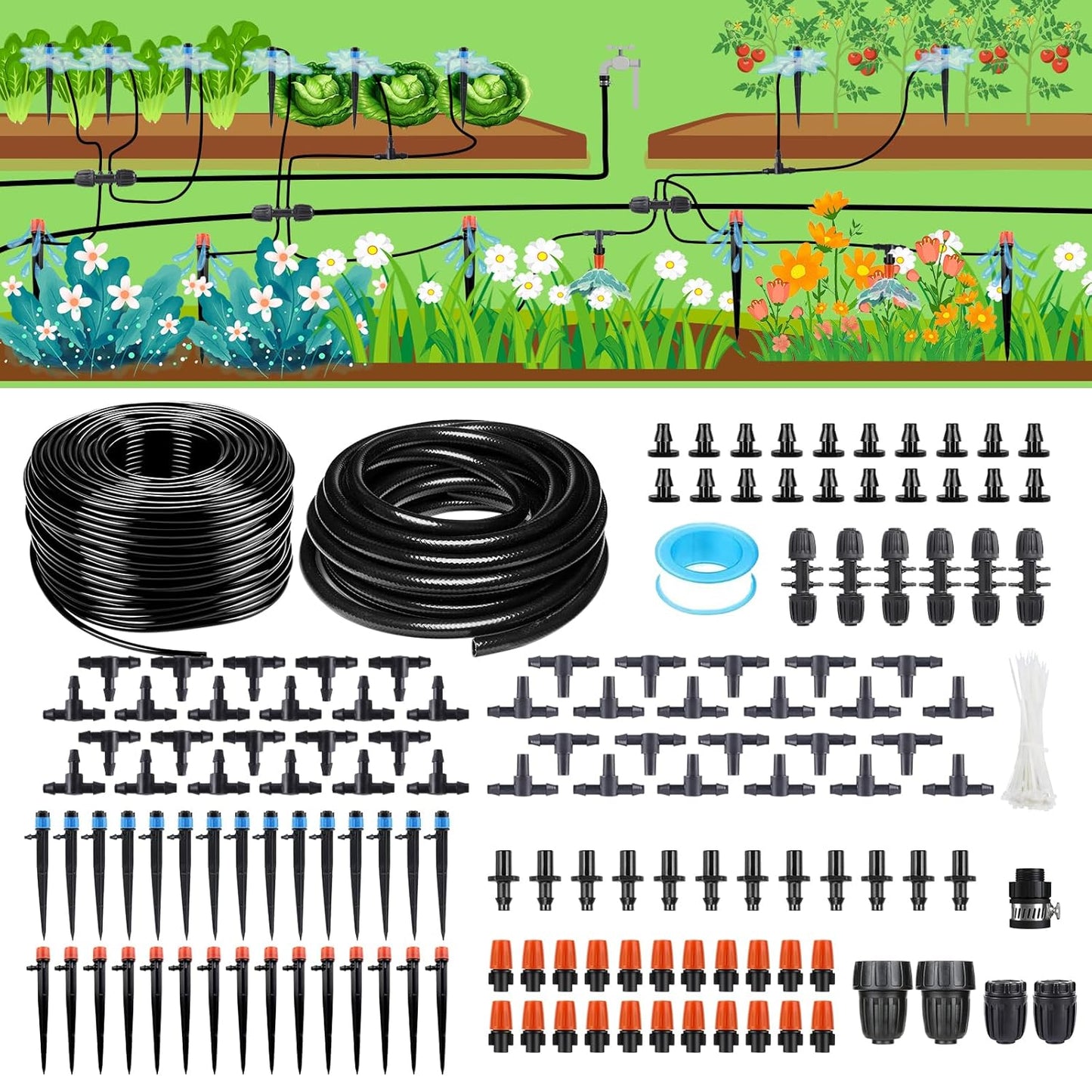 256FT Automatic Drip Irrigation System Kit,Automatic Garden Watering Misting System for Greenhouse, Yard, Plant ，Lawn with 1/2 inch Hose 1/4 inch Distribution Tubing and Accessories