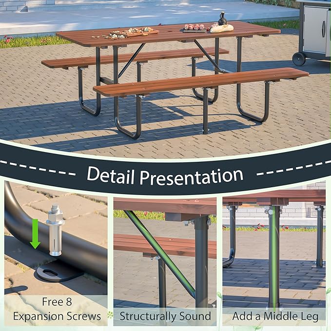 Outdoor Picnic Table with Benches, 6 - Person Picnic Table, Wooden Patio Dining Set, 1.97'' Umbrella Hole, Waterproof and Rounded Corners Design for Backyard, Garden, Park, Restaurant, Picnic, Natural