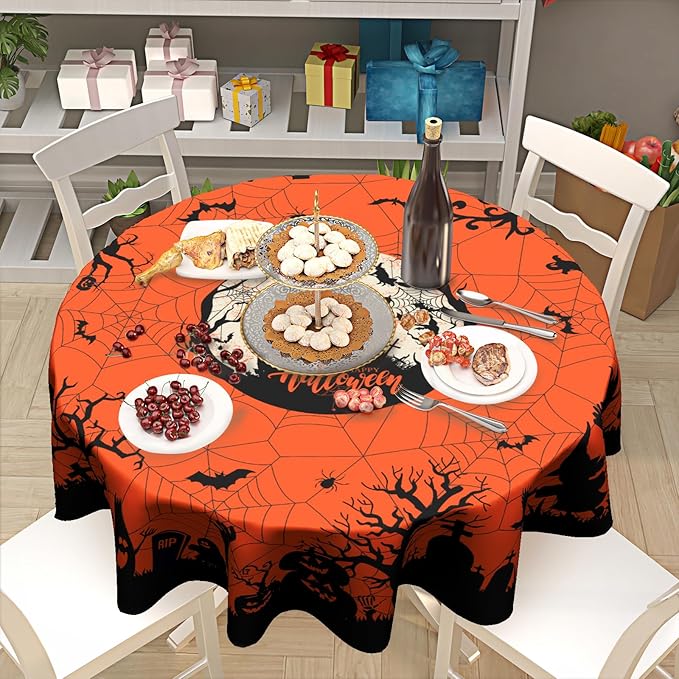 Happy Halloween Table Cloth, Pumpkin Spiders Ghosts Washable Polyester Round Tablecloth 60 inch for Kitchen Dinner Dining Room Indoor Outdoor Holiday Halloween Party Decoration
