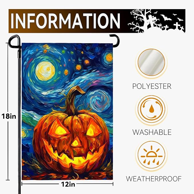 Halloween Garden Flag Pumpkin Garden Flag Van Gogh Garden Flags Arts Starry Night Sky Moon Yard Flag Double Sided Fall Porch Patio Farmhouse Outdoor Yard Decorative 12 x 18 Inch