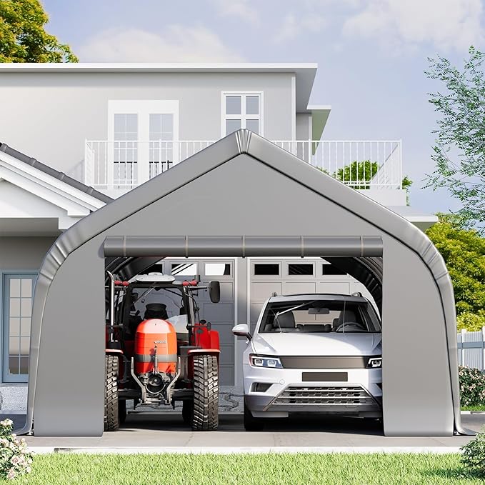 EROMMY 20x20 FT Heavy Duty Durable Carport, Galvanized Steel Frame Garage Shelter and Outdoor Storage, Waterproof 3-Layer PE Cover, Fits 2 Cars, Boat, Farm Equipment, Silver Gray