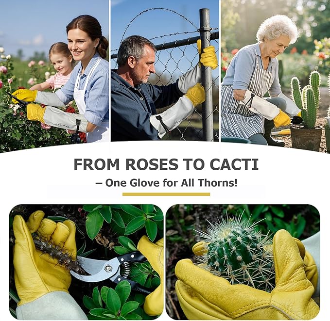 Gardening Gloves Thorn Proof for Rose Pruning & Cactus Trimming, Long Leather Garden Gloves for Women & Men (Medium)