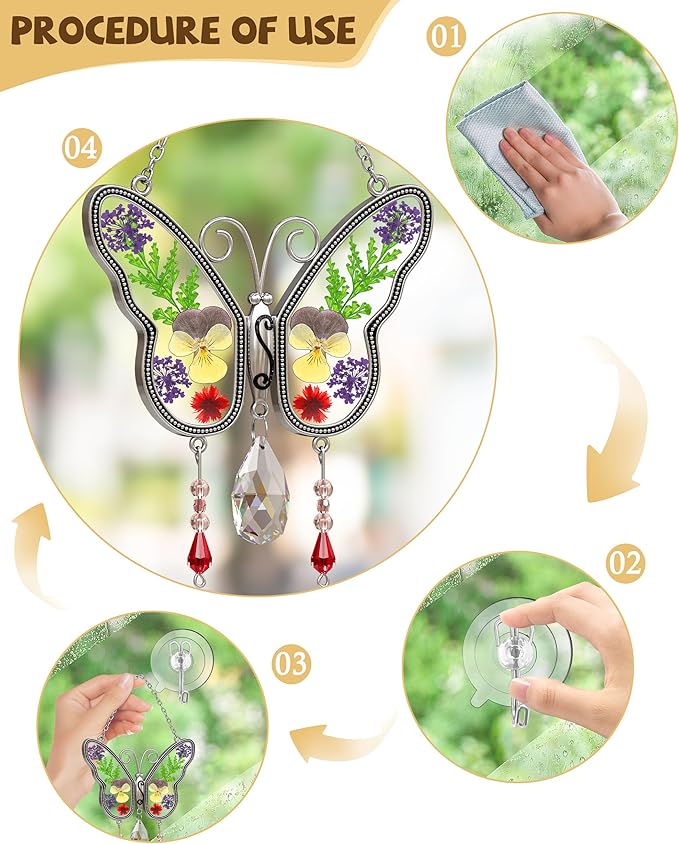 KY&BOSAM Gifts for Mom Family Friends Crystal Butterfly Suncatchers Stained Glass for Windows Wind Chimes Real Flower Colorful Crystal Outdoor for Garden Indoor Home Trees Patio Yard Porch Decor