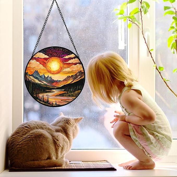 Stained Glass Window Hanging, Dusk Sunset Landscape Sun Catchers Glass Panel Lakes and Mountains Suncatcher Decor for Birthday for Women, Men, Wife, Aunt, and Mom 11.8x11.8 in