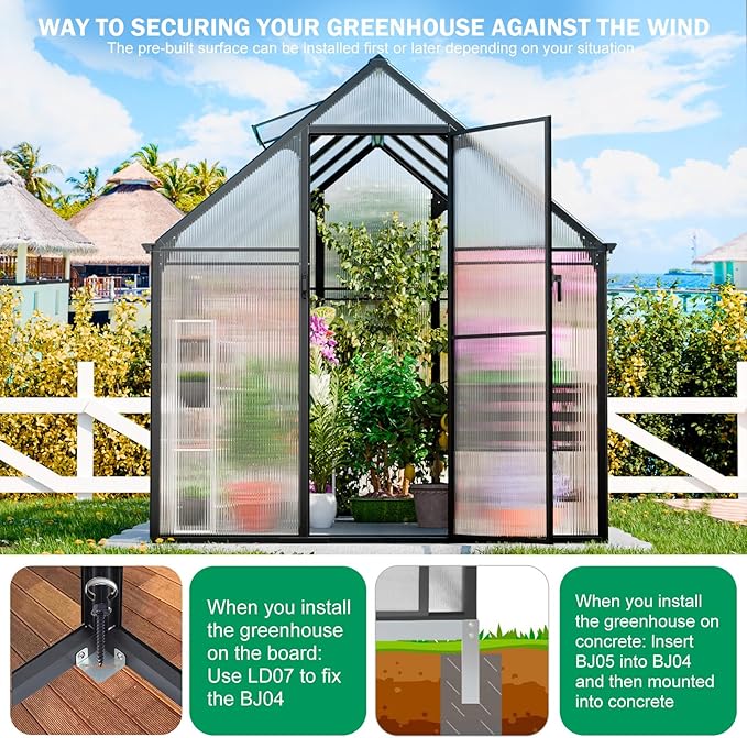 CDCASA 8.2x6.2 FT Greenhouse for Outdoors, Easy Assembly Aluminum Heavy Duty Polycarbonate Greenhouses w/Vent Window, Swing Door, Walk-in Green House for Sunroom Patio, Backyard, Garden,Black