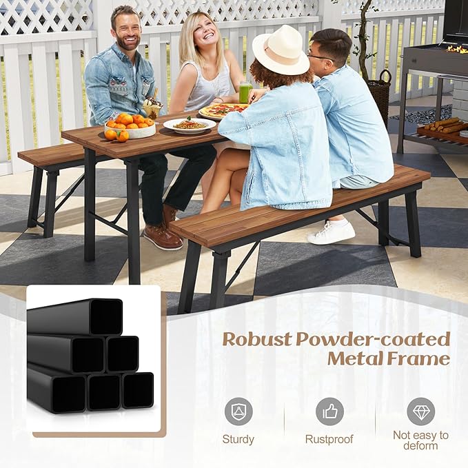 Tangkula Outdoor Dining Table With Benches for 4-6 Persons, No Assembly Foldable 59 Inches Narrow Patio Dining Table with Acacia Wood Top & Heavy Duty Metal Frame, for Yard, Garden, Poolside or Indoor