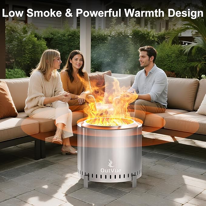 19.5 inch Stainless Steel Smokeless Fire Pit, Outdoor Smokeless Firepit, Wood Burning Fire Pits for Camping, Bonfire, Low Smoke Firepit for Outside (Vertical Hole)