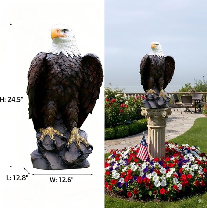 American Eagle Statue Bald Eagle - Large Hand-Painted Resin Garden Sculptures & Statues Outdoor Bird Figurines, Majestic American Freedom 4th of July, Decor for Indoor, Patio, Office, 24½"
