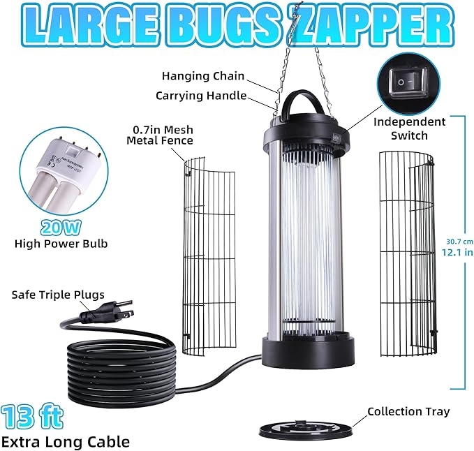 Small Bug Zapper Indoor for 3000 Sq.Ft. with 13FT Power Cord, 3000V Instant Killing Grid Removable Hanging High Power Outdoor Mosquito Killer, Fly Trap Lamps for Front Porch Backyard Outdoor