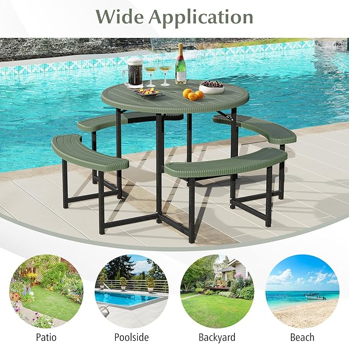 Giantex Picnic Table Bench Set for 4-8 Person, Round 37” Outdoor Dining Table w/Umbrella Hole, HDPE Tabletop, Metal Frame, Patio Furniture Set for Backyard Porch Lawn, 1400lb Capacity (Green,Round)