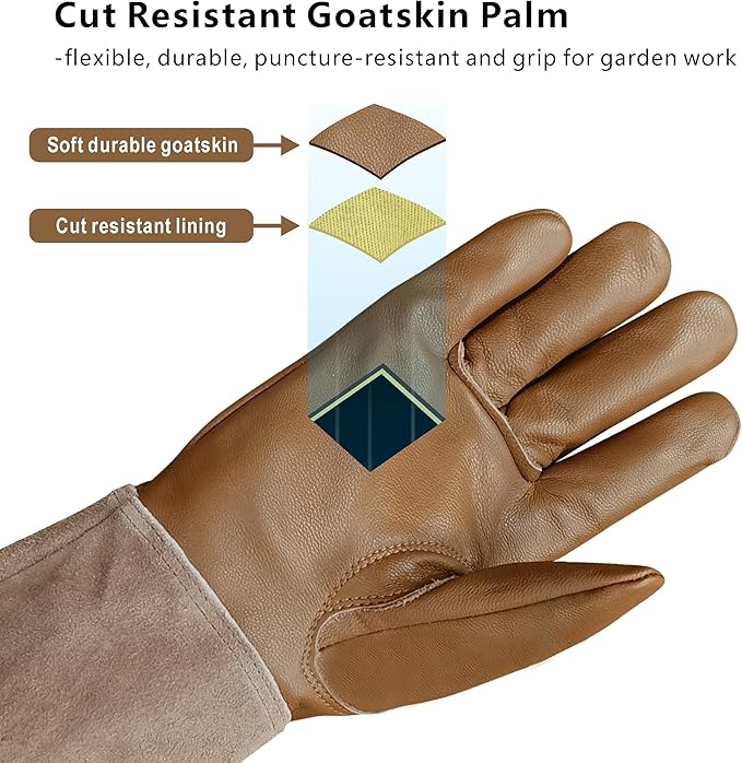 Leather Gardening Gloves – Goatskin Palm & Cowhide Cuff, Thorn-Resistant Long Garden Work Gloves for Men & Women(XS)