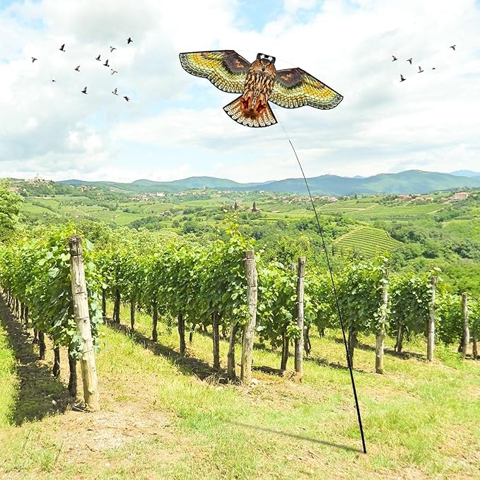 Bird Hawk Flying Kite with Pole Crop Protector Bird Scare Kites with 4m Pole - Owl Kite