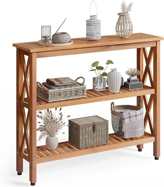 YITAHOME Solid Wood Outdoor Console Table, 39'' Acacia Wood Outdoor Bar Table with 3-Tier Storage Shelf, X-Frame Design and Adjustable Foot Pads for Garden Patio Balcony and Indoor, Natural