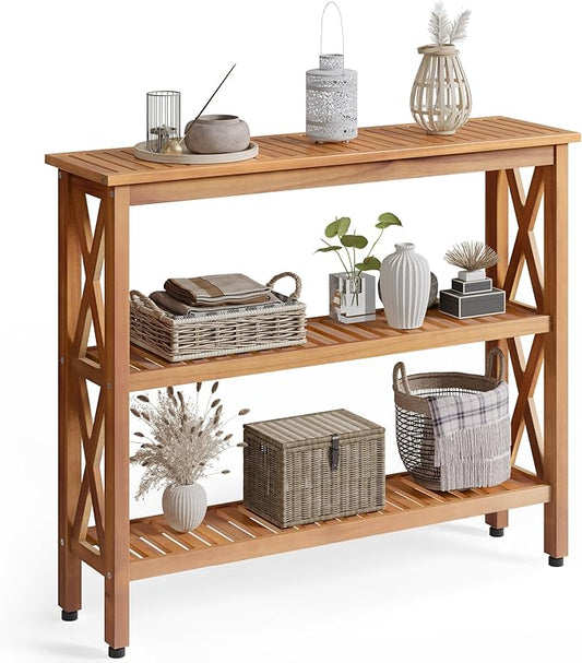 YITAHOME Solid Wood Outdoor Console Table, 39'' Acacia Wood Outdoor Bar Table with 3-Tier Storage Shelf, X-Frame Design and Adjustable Foot Pads for Garden Patio Balcony and Indoor, Natural