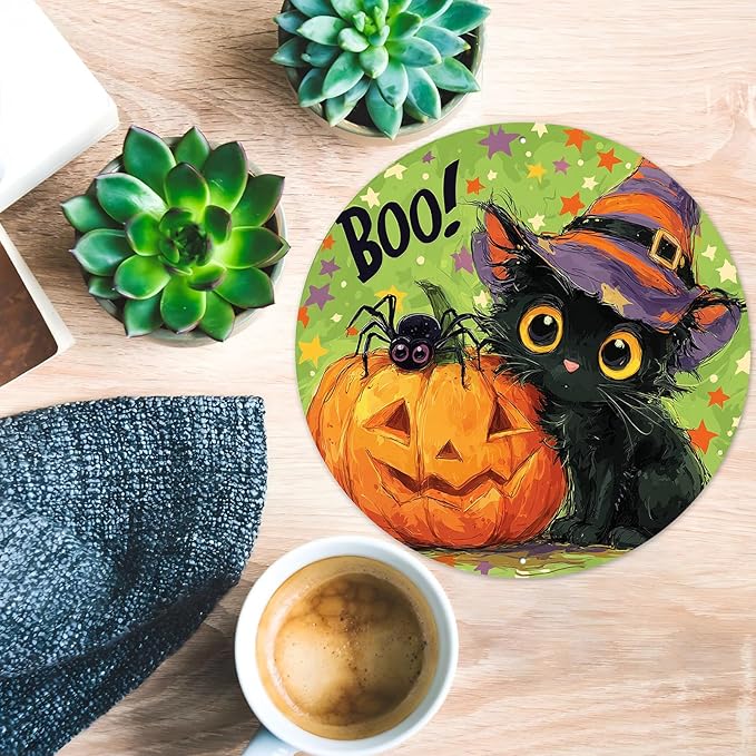 PEACHGARDEN Halloween Black Cat Round Metal Tin Sign Vintage Boo Decor Pumpkin Retro Wall Art Plaque Iron Painting 12x12inch