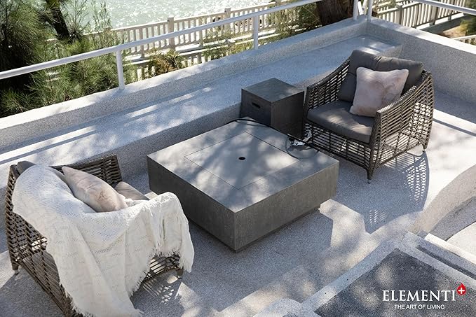 Elementi+ | Victoria Gas Fire Pit Cast Concrete 40" Square Fire Table, Outdoor Fire Pit Electronic Ignition | Canvas Cover, Fire Glass and Burner Lid Included | Light Gray | Propane Gas