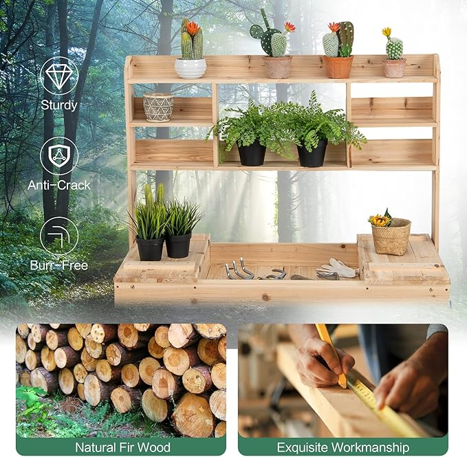 HAPPYGRILL Potting Bench Table, 60.5” Wood Garden Work Bench Workstation with Storage, Flip-Up Tabletop, Shelves & Hanging Hooks, Outdoor Garden Table for Patio, Lawn & Porch