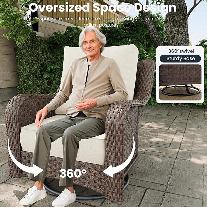 3 Pieces Outdoor Patio Furniture Sets with Single Chairs with 6-inch Thick Cushion and Side Table for Deck Lawn