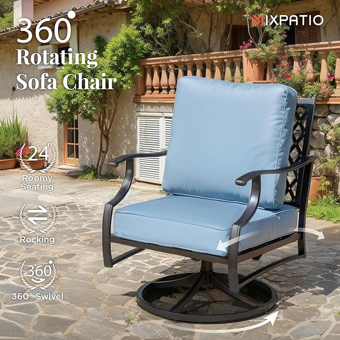 Patio Furniture Set 6 pcs, Outdoor Patio Furniture, 3-Seat Sofa, 2 Swivel Chairs, 2 Ottomans, Coffee Table and 5.75" Extra Thick Cushion, Patio Conversation Set for Garden Backyard Deck,Blue