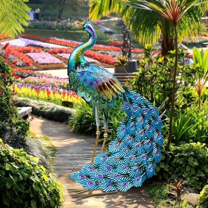 Haven Treasures Luxury 30.5 inches Outdoor Metallic Peacock Statute for Your Garden Decoration, Outdoor Yard Decor Sculpture, Home Décor
