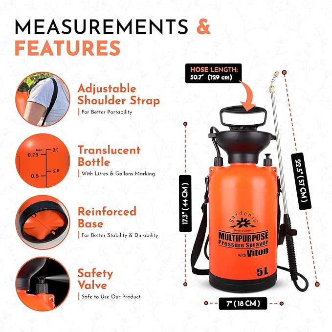 Pump Sprayer Upgraded Garden Sprayer Premium Viton Seals Telescopic Metal Lance & a Complete Set of Spare Parts Pumping Spray Bottle 5L for Watering Lawn Care & Home & Car Cleaning